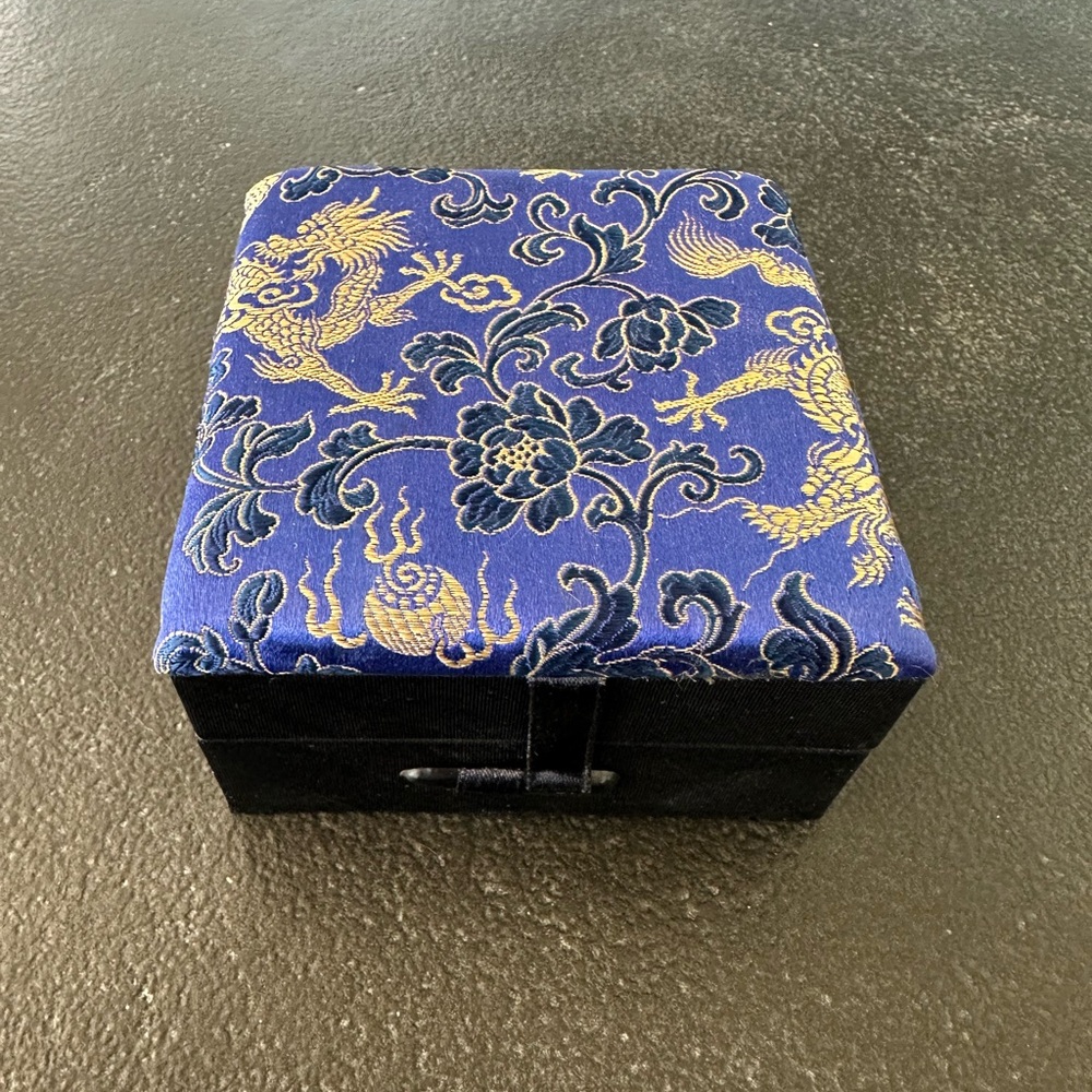 Chinese Silk Brocade Jewelry Box with Blue and Gold Dragon and Floral Pattern